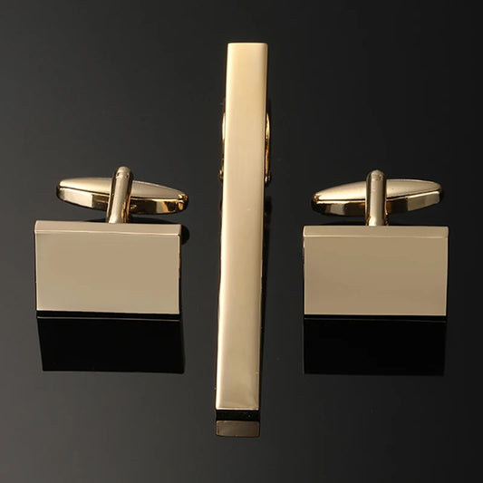 Ensemble boutons de manchette rectangulaires or plaqué, et pince cravate assortie, modernité et sophistication
