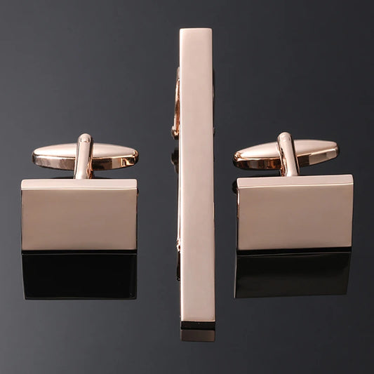 Coffret boutons de manchette rectangulaires en métal argenté rose et pince cravate assortie, modernité et sophistication
