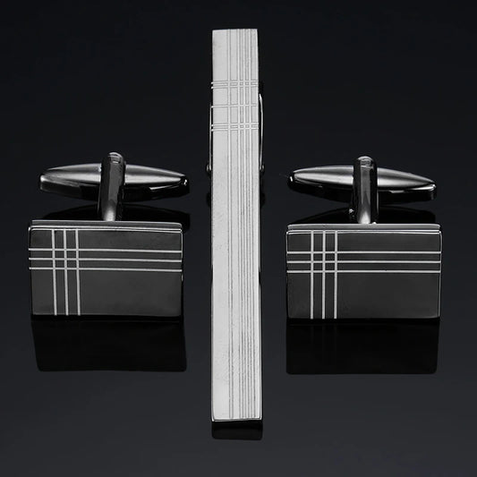 Ensemble boutons de manchette rectangulaires en métal noir et argenté et pince cravate assortie, modernité et sophistication