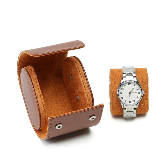 Étui en cuir vintage marron avec intérieur en daim et 1 emplacement pour montre, design élégant et compact