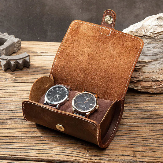 Étui de rangement en cuir élégant, portable avec rabat et 2 emplacements pour montres