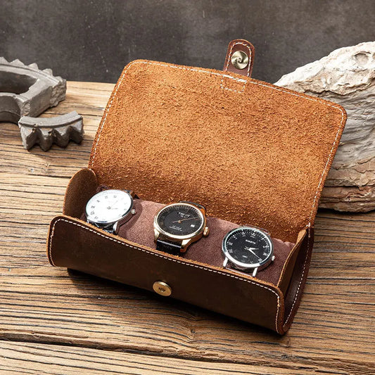 Étui de rangement en cuir élégant, portable avec rabat et 3 emplacements pour montres