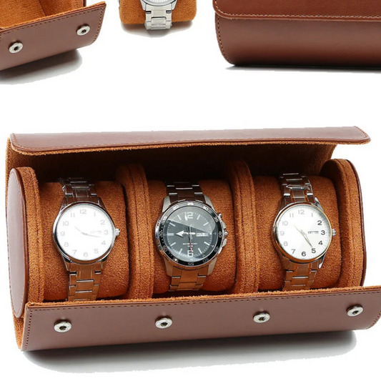 Étui de rangement en cuir vintage marron, avec 3 emplacements pour montres, design élégant et pratique