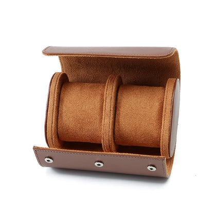 Étui en cuir vintage marron avec intérieur en daim et 2 emplacements pour montres, design élégant et raffiné