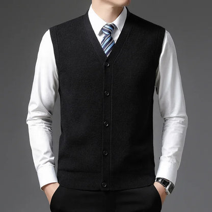 Gilet élégant pour homme GARETH en laine de haute qualité, noir sans manches, structuré et élégant, inspiré du style Old Money.