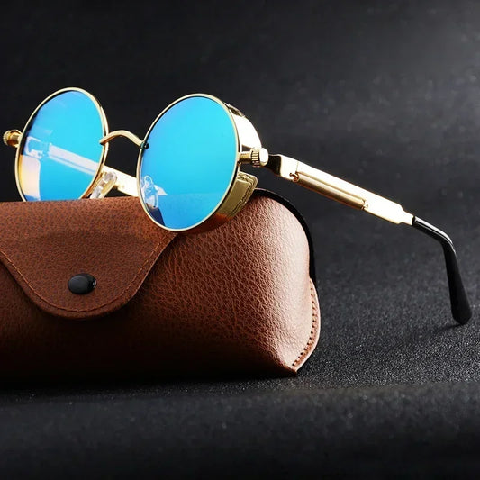 Lunettes de soleil LUCEO rondes en métal dorée, avec verres UV400 antireflet bleus, style gothique rétro
