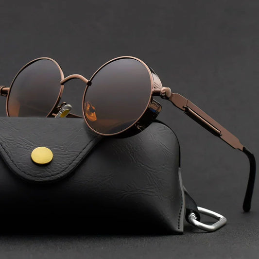Lunettes de soleil LUCEO rondes rétro punk vintage, verres marron UV400, monture en alliage, design de luxe