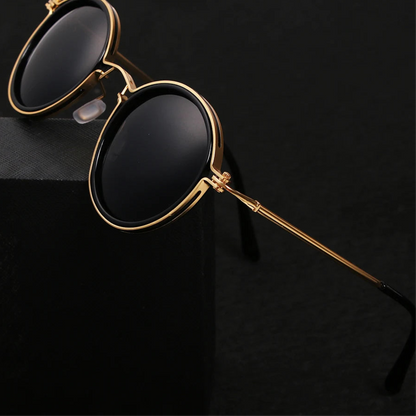 Lunettes polarisées Giovanni avec monture métallique ronde, or et noir, verres TAC UV400, design rétro et antireflet, protection lumière bleue