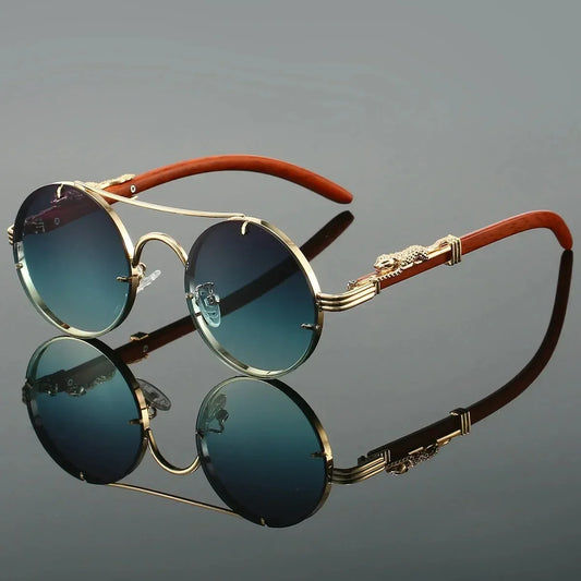 Lunettes de soleil VENETO avec monture en alliage et polycarbonate, verres UV400, effet bois, dorée, or, verres fumés bleu, double pont et style rétro vintage pour tous les âges