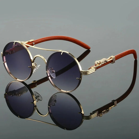 Lunettes VENETO rondes en alliage avec verres multicolores, dorée, bois, fumé, protection UV400, double pont, style rétro et punk vintage pour homme et femme