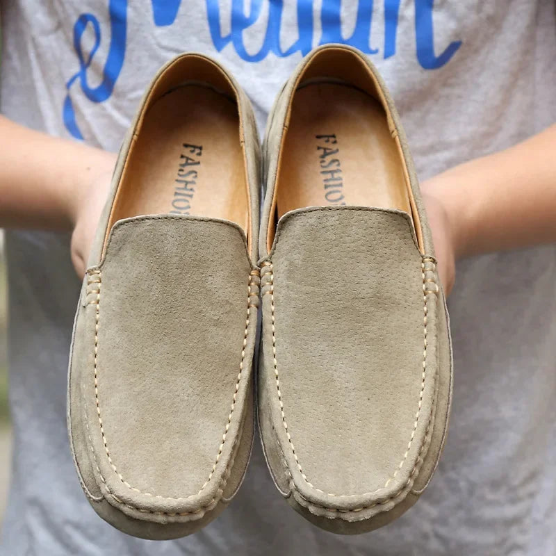 Mocassins en daim beige pour homme, chaussures bateau faites main, à enfiler, style décontracté chic