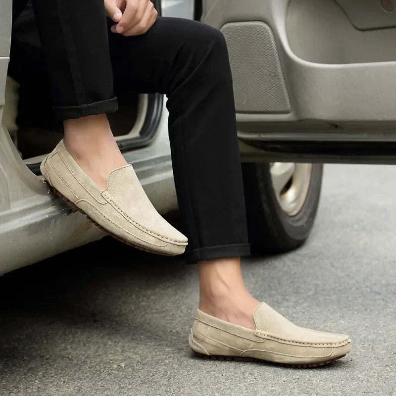 Mocassins en daim beige pour homme, chaussures bateau faites main, à enfiler, style décontracté chic