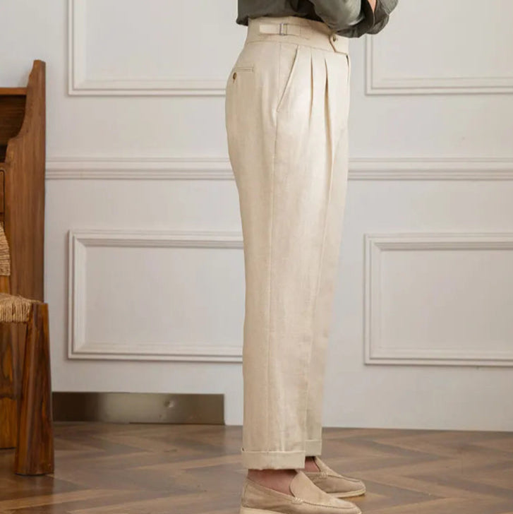 Pantalon BEAUMONT beige en lin, coupe italienne élégante, vue de profil