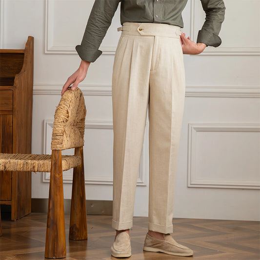 Pantalon BEAUMONT beige en lin, coupe italienne élégante, vue de face