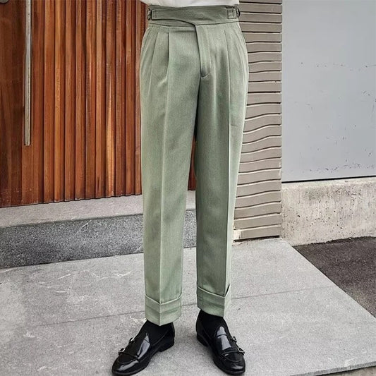 Pantalon ANATOLE homme vert, taille haute élégante, coupe droite style Old Money