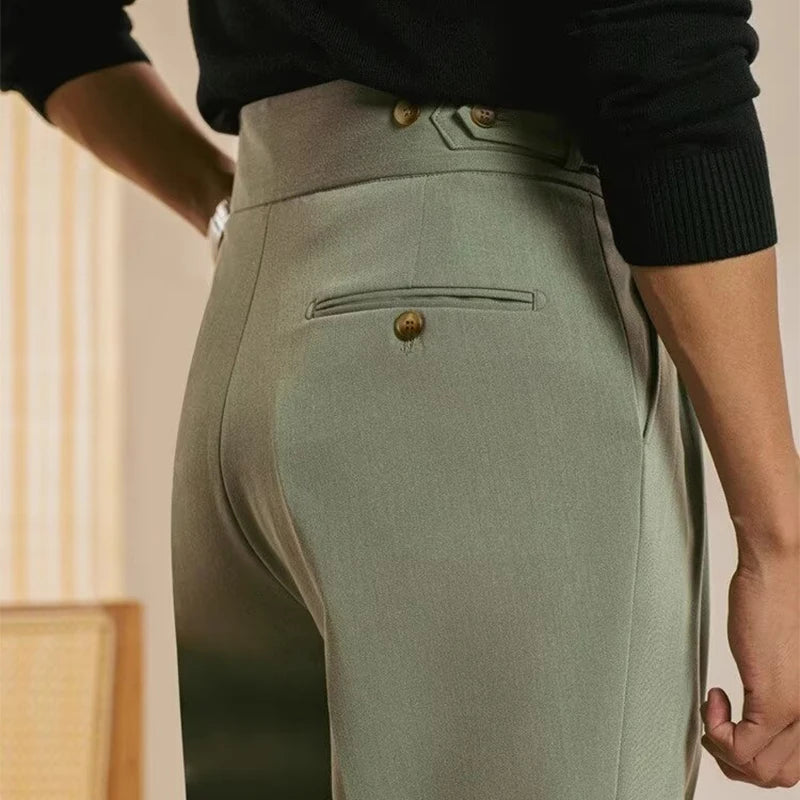 Pantalon ANATOLE homme vert, taille haute élégante, coupe droite style Old Money