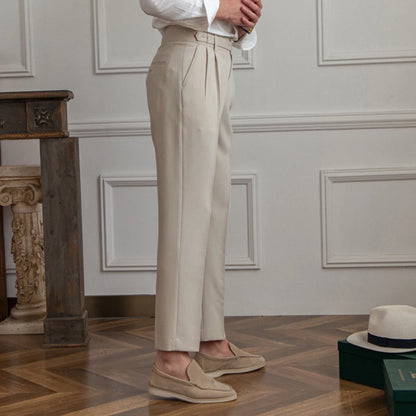 Pantalon droit beige Léandre en coton et polyester, coupe élégante avec plis doubles