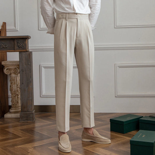 Pantalon Léandre coupe droite, beige, en coton-polyester, avec finition plis doubles et ceinture ajustable