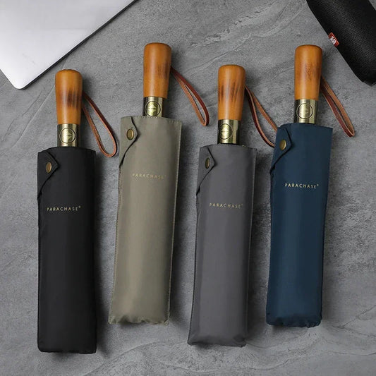 Parapluies automatiques trois volets noir, kaki et bleu marine. Coupe-vent avec manche en bois, style raffiné et élégant.