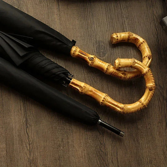 Parapluie en bambou noir, long manche, coupe-vent, tissu pongé et revêtement Téflon, luxe et raffinement, style Old Miney
