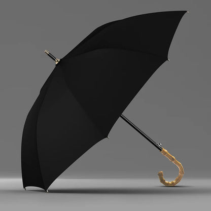 Vue complète du parapluie en bambou noir ouvert, grand diamètre de 122 cm