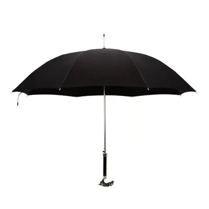 Parapluie de luxe sceptre tête de dragon argenté ouvert, vue de dessus, avec cadre aluminium 8K, protection UV et pluie, manche argenté, design élégant et raffiné.
