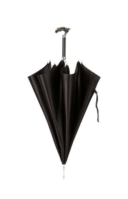 Parapluie de luxe sceptre tête de dragon argenté, vue plein pied, avec cadre aluminium 8K, manche métallique argenté, design élégant pour une protection UV et pluie.