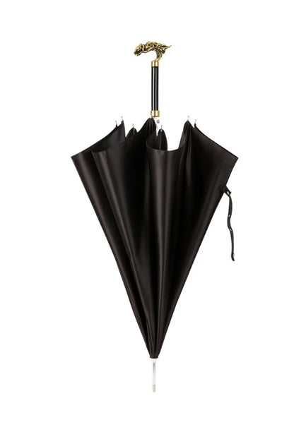 Parapluie sceptre à tête de dragon doré, vue de face, plein pied, avec cadre aluminium 8K, manche doré, protection contre la pluie et les UV, accessoire de luxe unique.