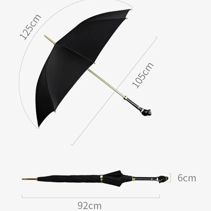 Détail des dimensions du parapluie à tête de léopard ouvert, avec un diamètre de 125 cm offrant une couverture optimale contre la pluie et le soleil.