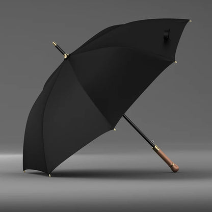 Vue de profil du parapluie noir manche droit avec cadre en fibre de verre, manche en bois et finition de luxe