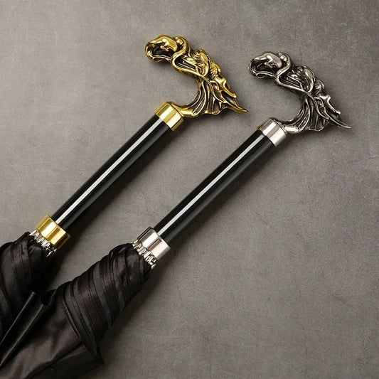 Parapluies sceptre tête de dragon argenté et doré, design élégant et raffiné avec cadre aluminium 8K, protection UV et pluie, disponibles avec poignée en or ou argent.