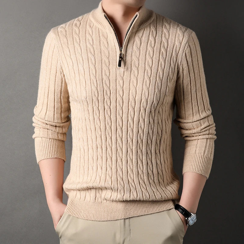 Pull GREGOR beige col roulé zippé en laine côtelée impeccable, Style épuré et confortable pour un look raffiné