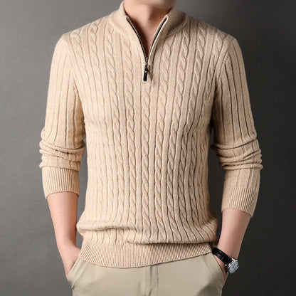 Pull GREGOR beige col roulé zippé en laine côtelée impeccable, Style épuré et confortable pour un look raffiné