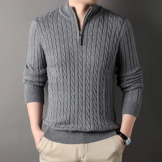 Pull GREGOR col zippé en laine gris, Élégance et confort pour un style décontracté