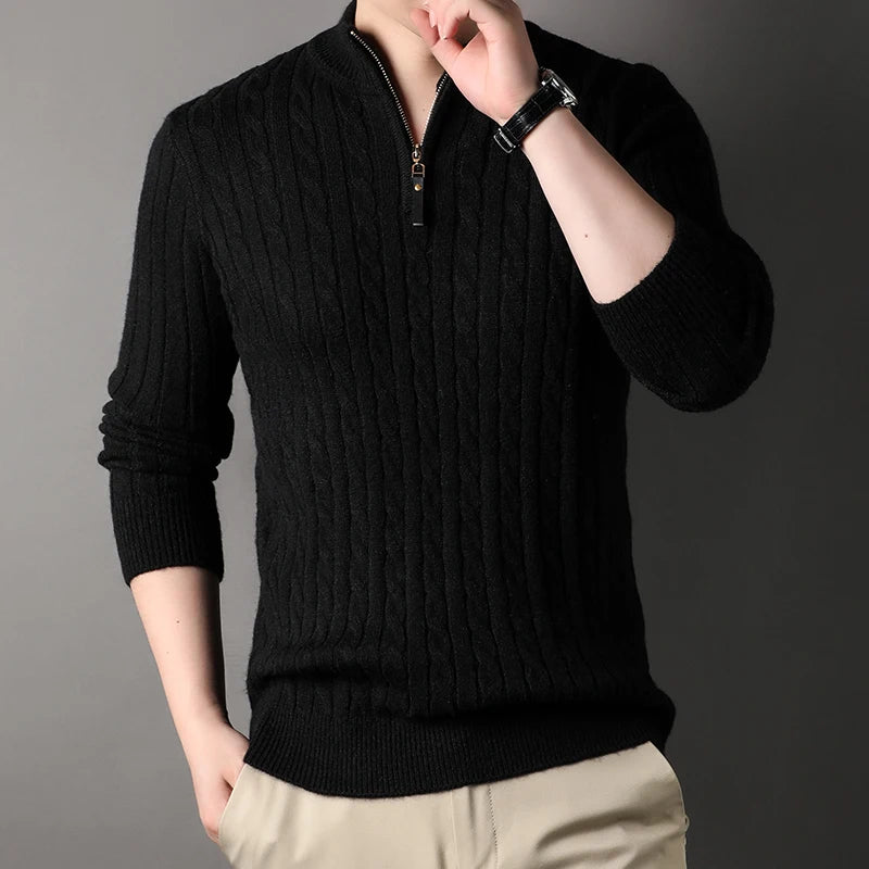 Pull GREGOR noir col roulé zippé en laine côtelé, look élégant et pratique pour toutes les occasions