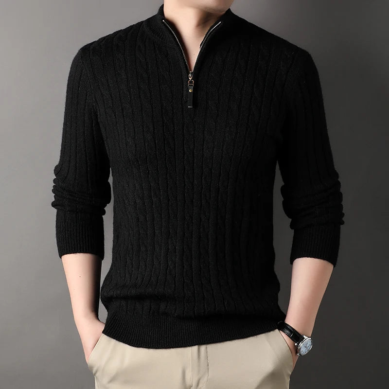 Pull GREGOR noir col roulé zippé, Confort et luxe discret en laine de qualité