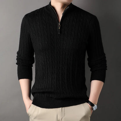 Pull GREGOR noir col roulé zippé, Confort et luxe discret en laine de qualité