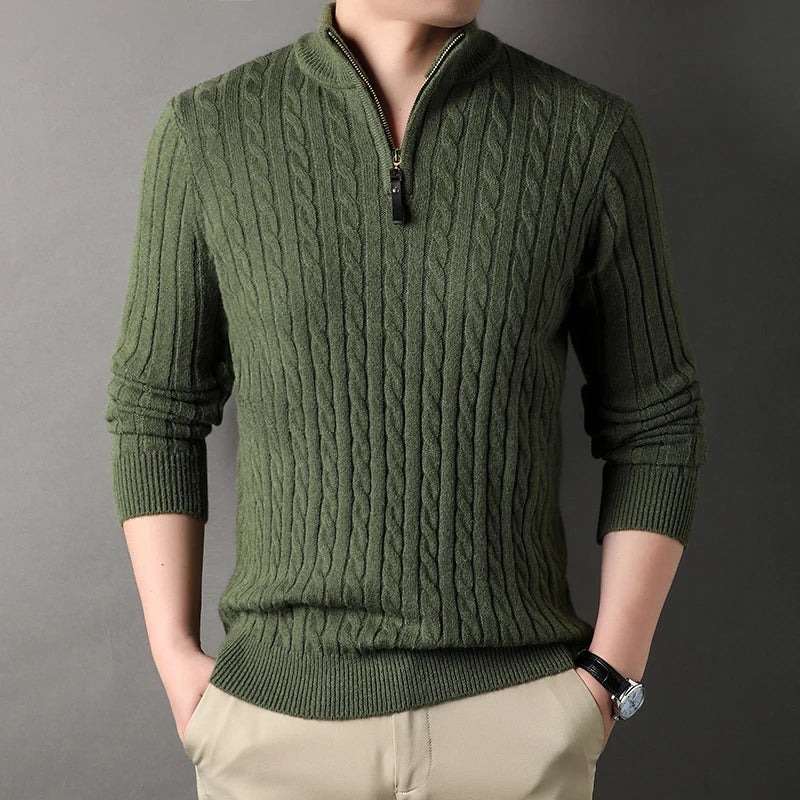 Pull GREGOR vert en laine côtelée avec col roulé zippé, Style décontracté et chic pour toute occasion