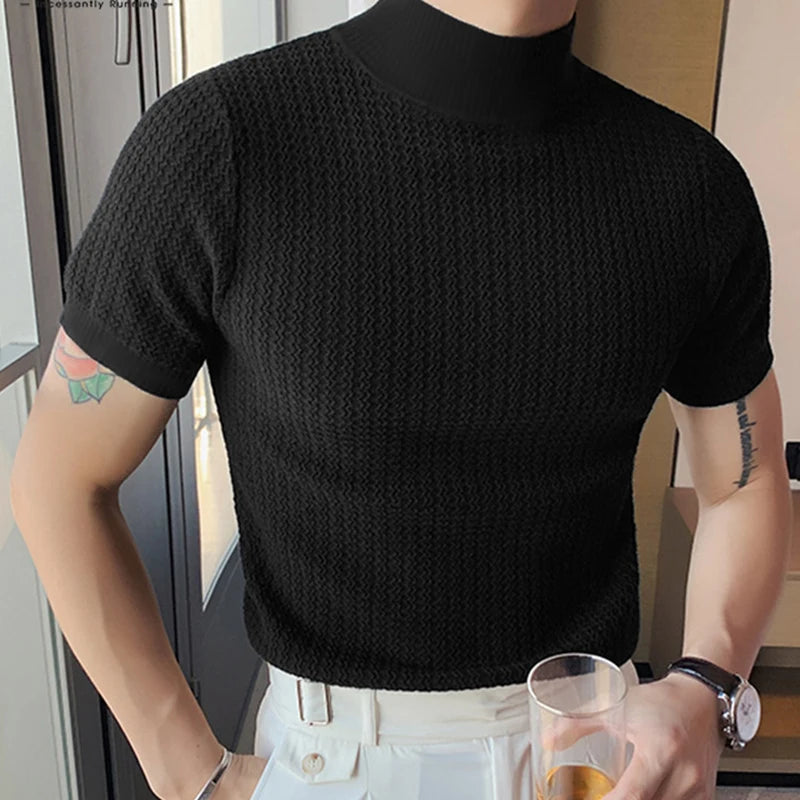 T-shirt pull en tricot noir pour homme, col montant chic et ajusté