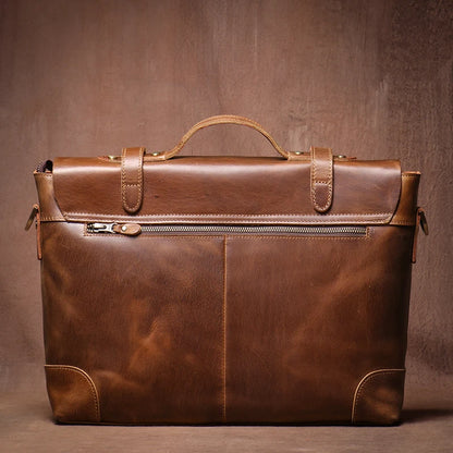 Sacoche rétro en cuir véritable marron, vue arrière avec coutures apparentes