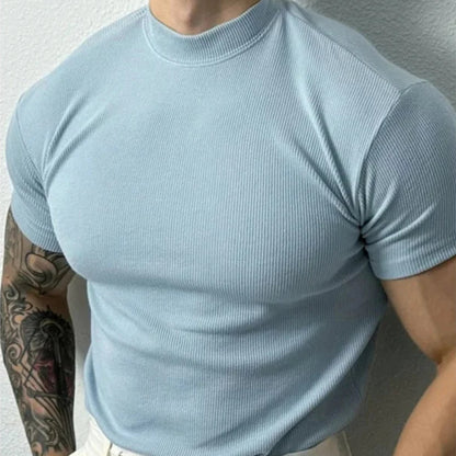 T-shirt bleu clair old money slim col montant homme