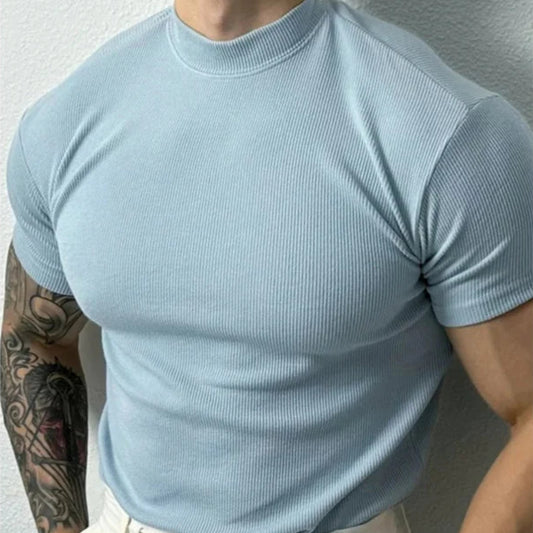 T-shirt bleu clair old money slim col montant homme