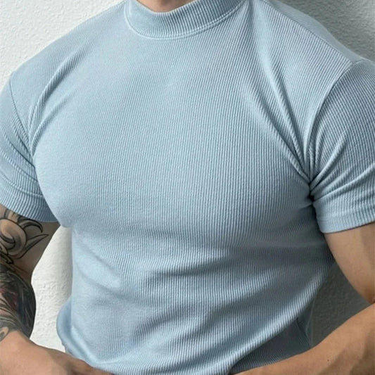 T-shirt bleu clair old money slim col montant homme