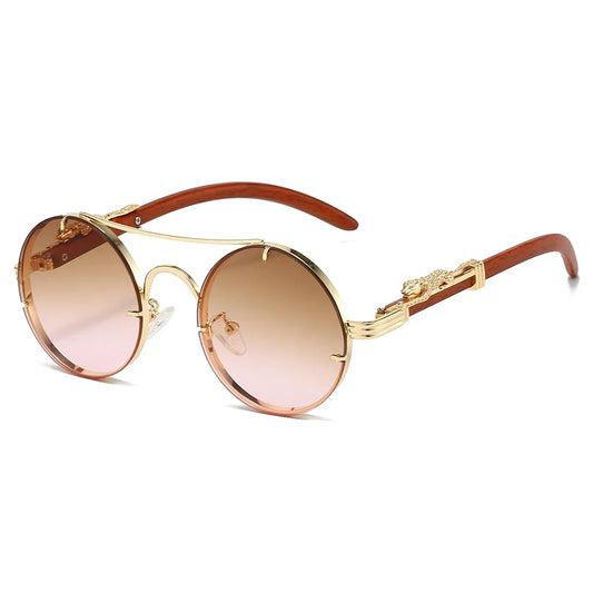 Lunettes de soleil VENETO, monture ronde et métal, couleurs marron, doré, effet bois, verres multicolores UV400, look vintage, tendance et moderne pour tous les styles