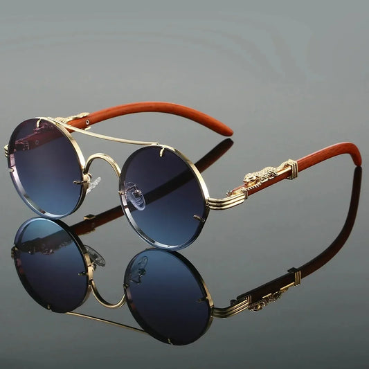 Lunettes de soleil VENETO en alliage, verres multicolores UV400, verres bleus, monture effet bois, dorée, design vintage avec double pont, adaptées à un style audacieux et moderne