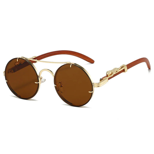 Lunettes de soleil VENETO, monture ronde et métal effet bois et doré, verres marron UV400, look vintage, tendance et moderne pour tous les styles