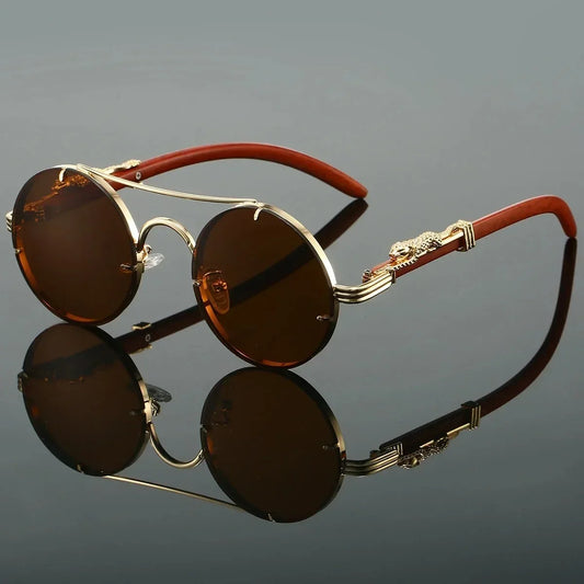 Lunettes VENETO rondes en alliage avec verres multicolores effet bois, marron, protection UV400, double pont, style rétro et punk vintage pour homme et femme